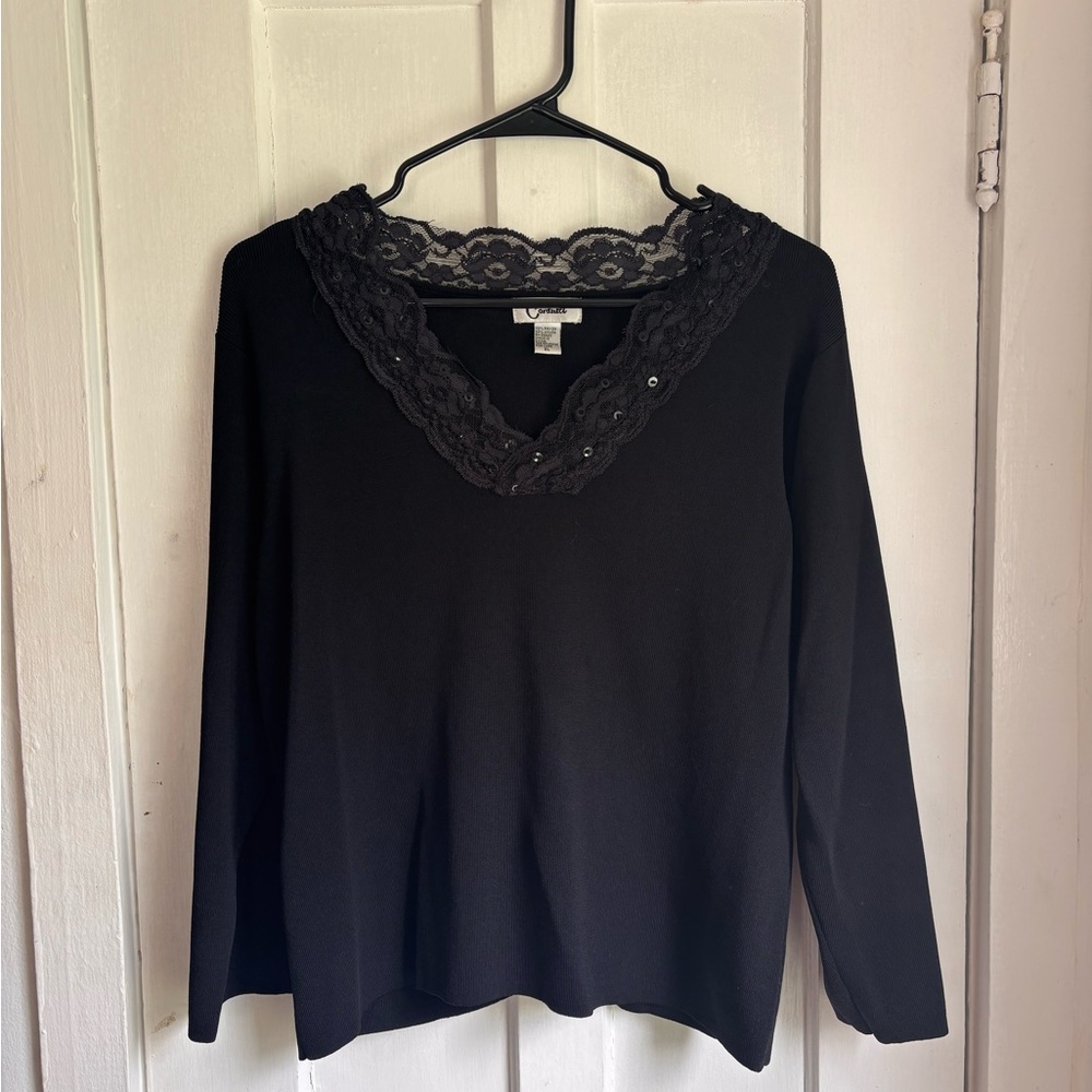 Elegant Black Lace Trim Long Sleeve Top